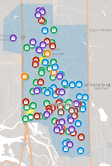 Map Pins showing locations of all the sales within Marysville, WA
